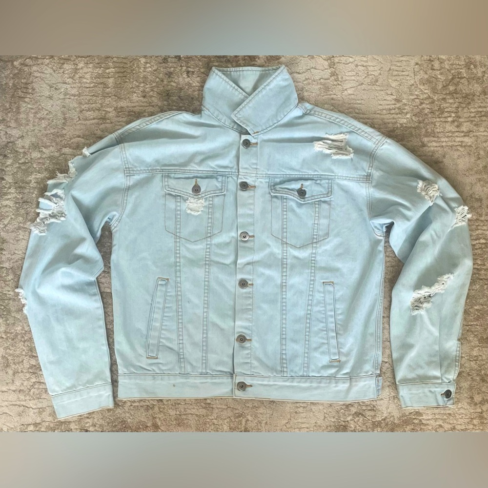 Forever21 light distressed vintage denim button Yeezy-style jacket - SIZE L